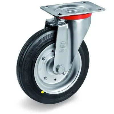 160mm - Black Rubber Tyre with Steel Centre, Swivel Top Plate Castor