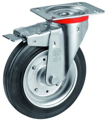 160mm - Black Rubber Tyre with Steel Centre, Swivel Top Plate Castor with Brake